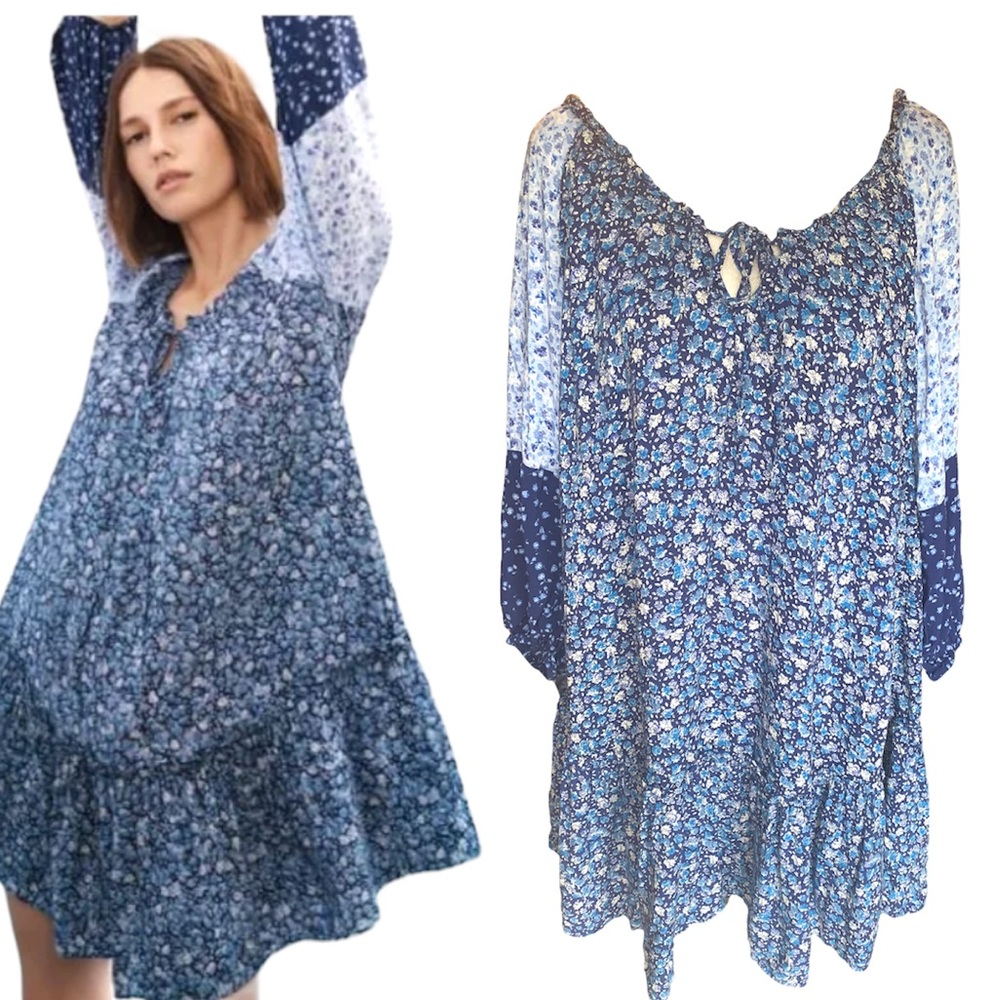 Zara Size Medium Ditsy Floral Boho Tiered Dress Blue White